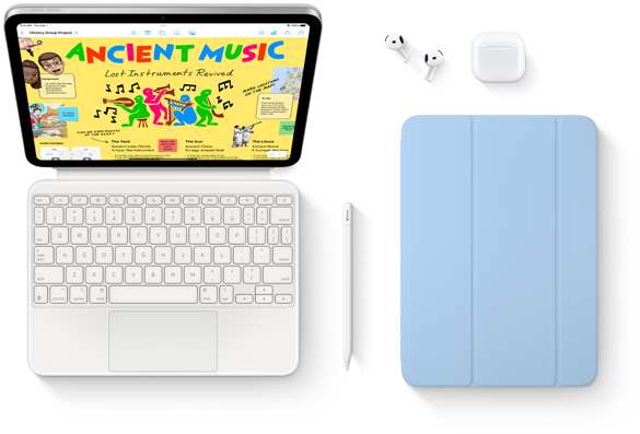 Afbeelding van iPad, Magic Keyboard Folio, Apple Pencil, AirPods en Smart Folio.
