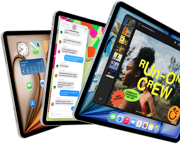 Drie iPad Air-displays in de vorm van een waaier, kleuren: Blauw, Paars, Sterrenlicht, voorkant, zijkant, apps op het scherm zijn Keynote, Berichten en Beginscherm