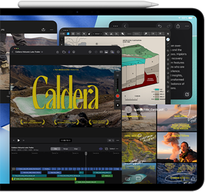 Vooraanzicht van iPad Pro, horizontale stand, kleur spacezwart, Apple Pencil ligt op het device, display met meerdere appvensters naast elkaar geopend, waaronder Final Cut Pro met meerdere videobewerkingsfeatures en een tijdlijn, Kaarten, Notities en verschillende mediafragmenten