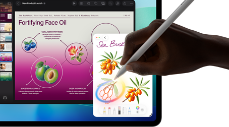 Vooraanzicht van iPad Pro, display met meerdere geopende apps en een achtergrond met kleurverloop van donkerblauw naar groen, een hand die Apple Pencil Pro vasthoudt en een schets omcirkelt met de Apple Intelligence-feature Beeldpenseel