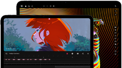 Vooraanzicht van de 13-inch iPad Pro en 11-inch iPad Pro, horizontale stand, kleur spacezwart, afgeronde hoeken, zwarte rand rond het display, 11-inch display met een kleurrijke afbeelding van een personage met rood haar, 13-inch display met elementen van een interface voor het bewerken van kleurrijke foto’s