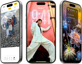 Drie iPhone 17 Pro-modellen, voorkant, naast elkaar, iOS 26 op het scherm, liquid glass-effect en Apple Intelligence-feature