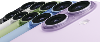 iPhone 17, achterkant, Fusion dual camera-systeem, alle vijf kleuren overlappend: Zwart, Wit, Saliegroen, Nevelblauw en Lavendel