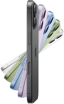 iPhone 17, zijkant, in vijf kleuren: Zwart, Lavendel, Nevelblauw, Saliegroen en Wit.