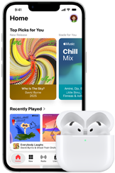 iPhone 17e, voorkant, Apple Music-app met Beginscherm geopend, naast AirPods Pro 3 in geopende MagSafe-oplaadcase