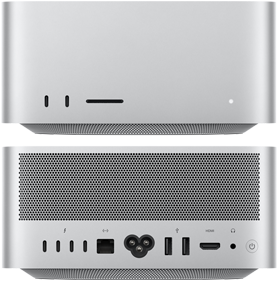 Vooraanzicht van Mac Studio met twee USB‑C-poorten en SDXC-kaartlezer, achteraanzicht met vier USB‑C- en twee USB‑A-poorten, Ethernet-poort, HDMI-poort en mini‑jack-aansluiting