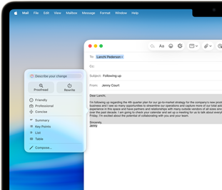 MacBook Air-scherm met Apple Intelligence-feature Schrijfhulp waarmee een e‑mail wordt geschreven