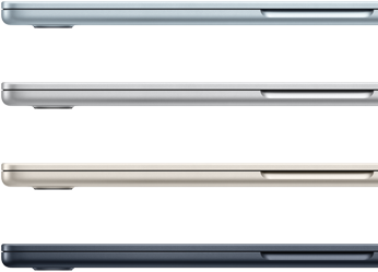 Zijaanzicht van vier MacBook Air-laptops in vier verschillende uitvoeringen