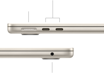 Linkerzijde van gesloten MacBook Air, met MagSafe-poort en twee Thunderbolt-poorten, rechterzijde met mini‑jack-aansluiting