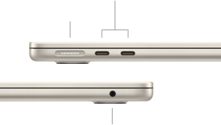 Linkerzijde van gesloten MacBook Air, met MagSafe-poort en twee Thunderbolt-poorten, rechterzijde met mini‑jack-aansluiting