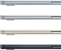 Zijaanzicht van vier MacBook Air-laptops in vier verschillende uitvoeringen