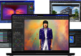 Kleurrijke content op een Mac-scherm: muziekproductie, grafisch design, 3D-animatie en foto-bewerkingsapps, ter demonstratie van de krachtige graphics