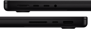 De poorten op MacBook Pro — linkerkant: MagSafe 3, twee Thunderbolt-poorten en mini‑jack-aansluiting — rechterkant: SDXC-kaartsleuf, één Thunderbolt-poort en HDMI