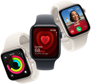 Drie Apple Watch SE 3-devices die naast elkaar zweven