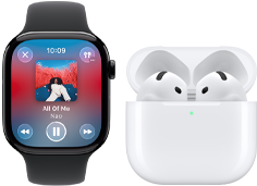 Apple Watch Series 11, kast van titanium, kleur leisteen, bandje: zwart sportbandje, Apple Music-app geopend, gekoppeld met AirPods 4