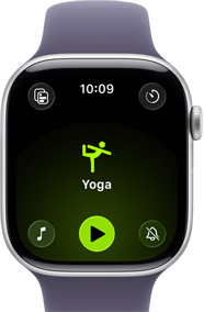 Apple Watch Series 11, kast van zilverkleurig aluminium, work-out Yoga geopend, rechterkant: Digital Crown, zachtpaars sportbandje